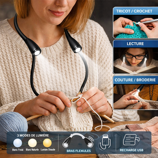 Lampe LED tour de cou pour tricot et crochet – lumière mains libres rechargeable USB