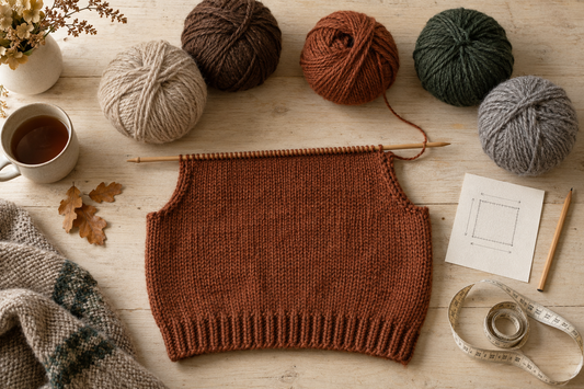 Pelotes aux couleurs d’automne, échantillon tricoté, aiguilles et mètre ruban pour calculer la quantité de fil d’un pull