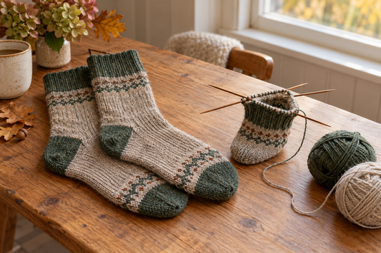 Chaussettes en laine tricotées et ouvrage en cours sur aiguilles à double pointe