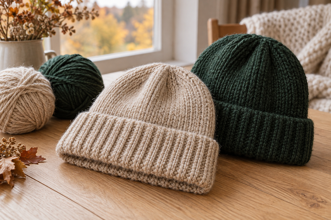 Deux bonnets en maille beige et vert forêt, à revers côtelé, avec des pelotes sur une table près d’une fenêtre