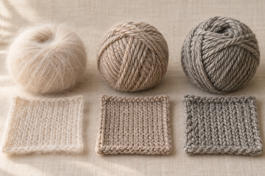 Trois pelotes et échantillons illustrant les textures aérienne, douce et rustique de fils pour pull d’automne