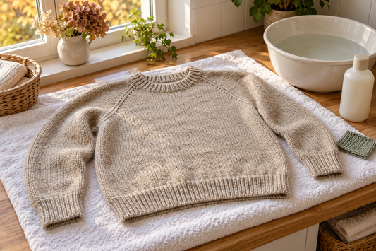 Pull en laine beige posé à plat sur une serviette, près d’une bassine et d’un échantillon vert