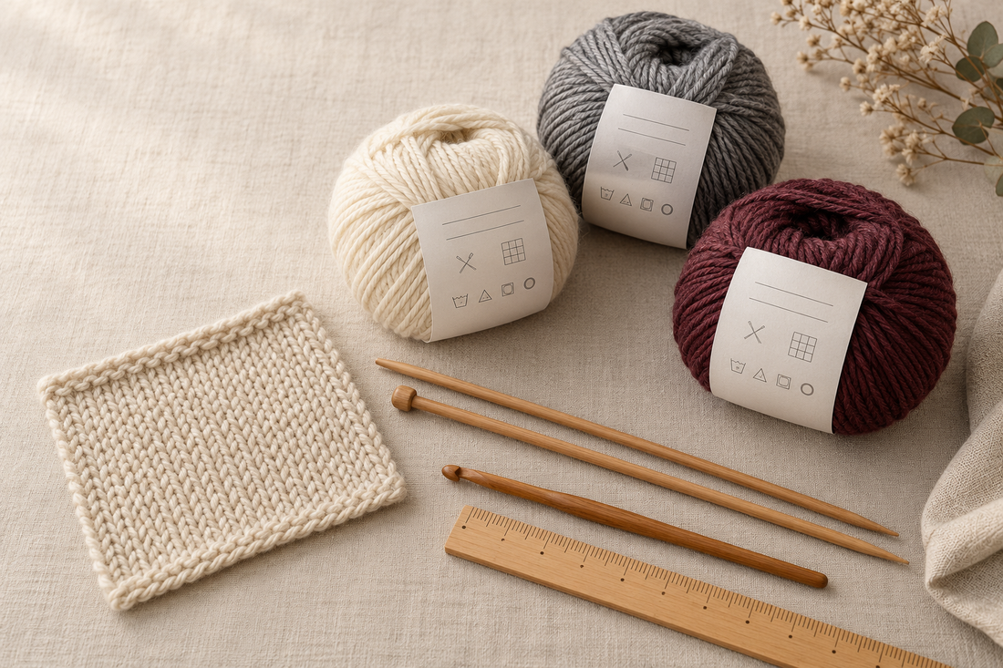 Pelotes de laine avec leurs étiquettes, échantillon tricoté, aiguilles, crochet et règle