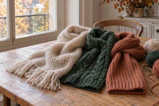 Trois écharpes tricotées beige, vert forêt et terracotta présentant des textures de laine différentes