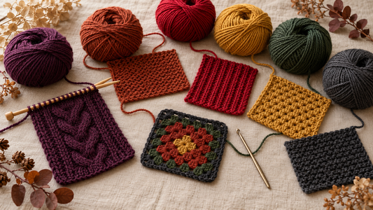 Pelotes et échantillons tricot et crochet dans les couleurs tendance automne-hiver 2026-2027 : prune, rouille, rouge, moutarde, vert bouteille et anthracite