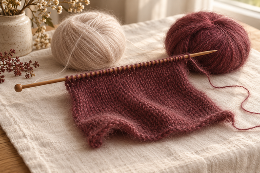 Échantillon en mohair bordeaux sur une aiguille en bois, avec deux pelotes duveteuses dans un atelier lumineux
