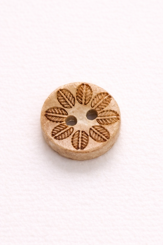 Bouton coco gravé 12 mm – bouton naturel en coque de noix de coco – motif feuilles – couture écologique