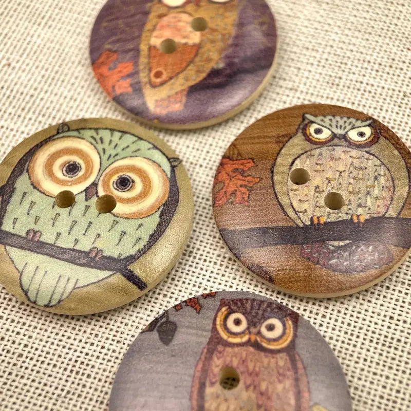Boutons 30 mm en bois illustrés d'oiseaux  assortie