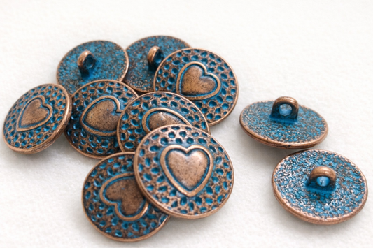 Boutons cœur vintage métal 18 mm bronze et turquoise – boutons décoratifs à pied pour couture